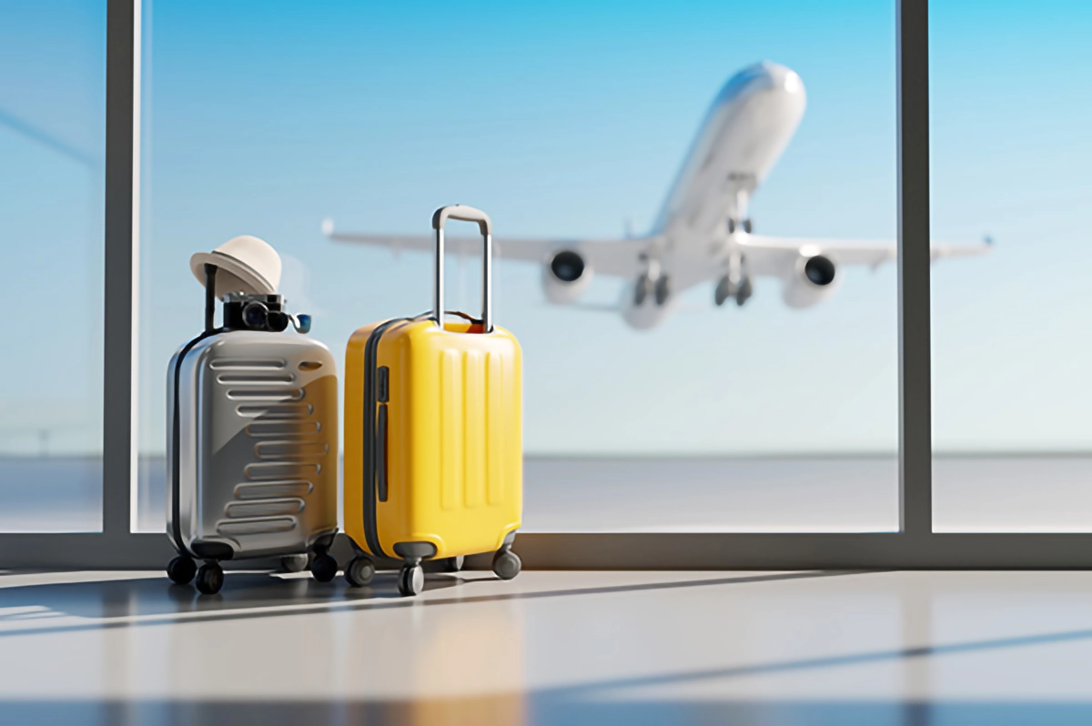 Image showing a plane and suitcases at a airport boarding gate
